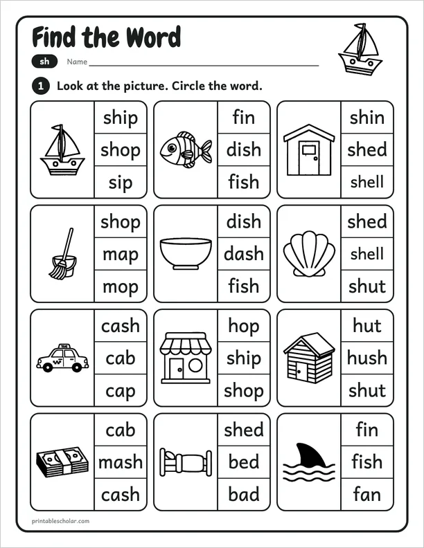 Find the Word: a free sh word work worksheet