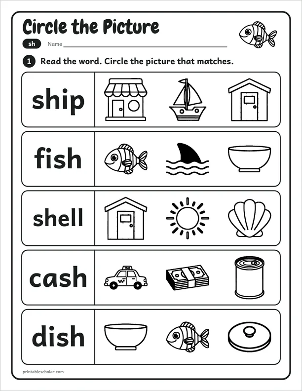 Circle the Picture: a free sh word work worksheet