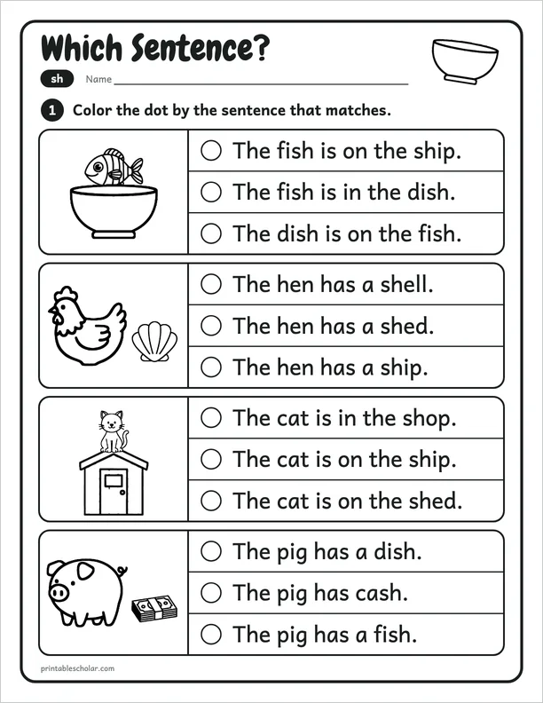 Which Sentence?: a free sh word work worksheet
