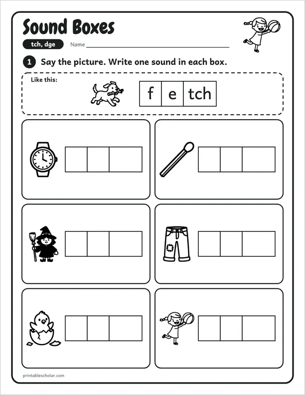 Sound Boxes: a tch and dge picture worksheet