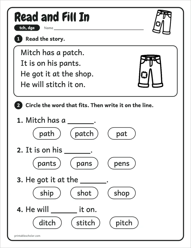 Read and Fill In: a tch and dge picture worksheet
