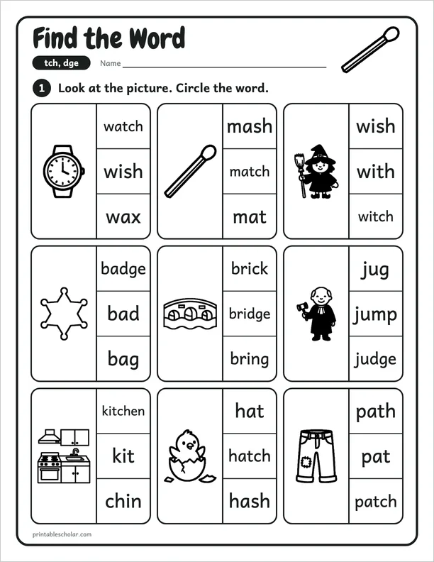 Find the Word: a tch and dge picture worksheet