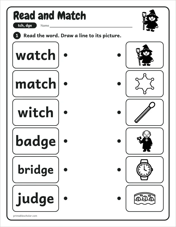 Read and Match: a tch and dge picture worksheet
