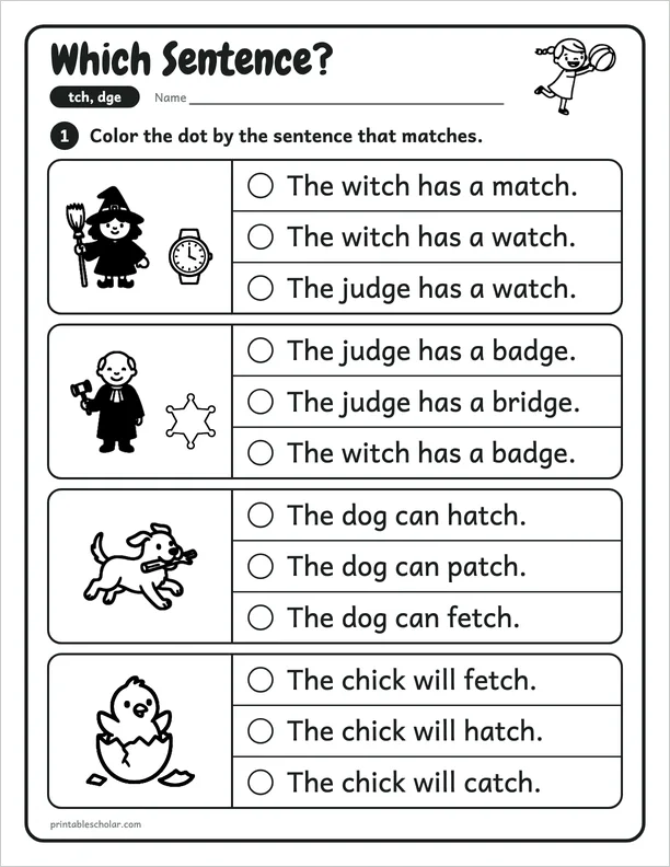 Which Sentence?: a tch and dge picture worksheet