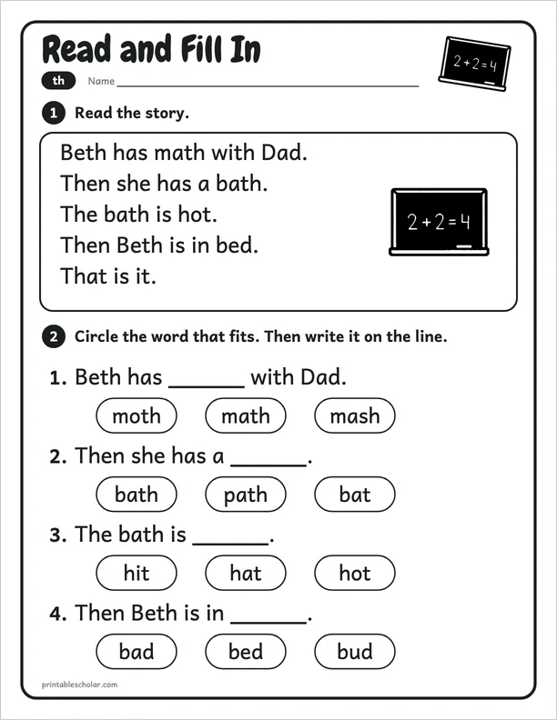 Read and Fill In: a th picture worksheet