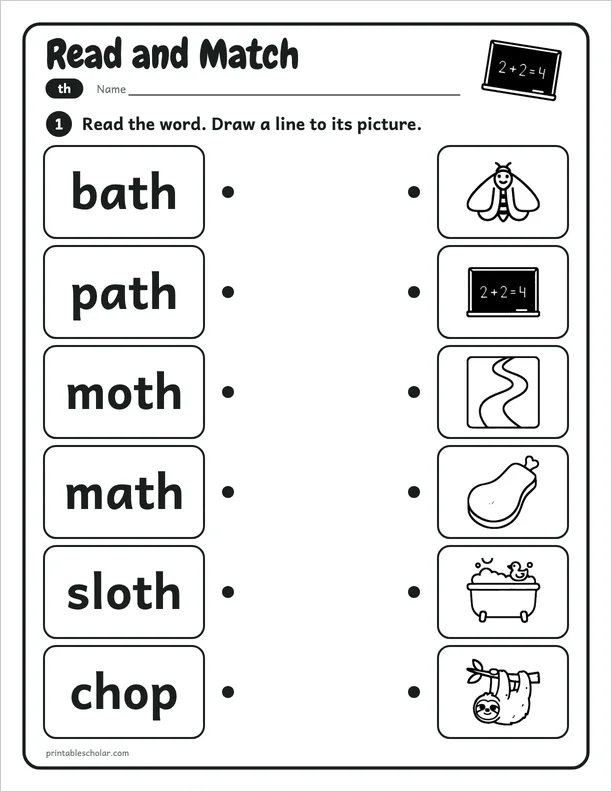 Read and Match: a th picture worksheet