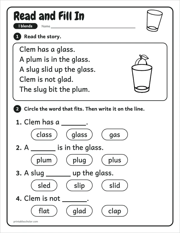 Read and Fill In: a l blend picture worksheet