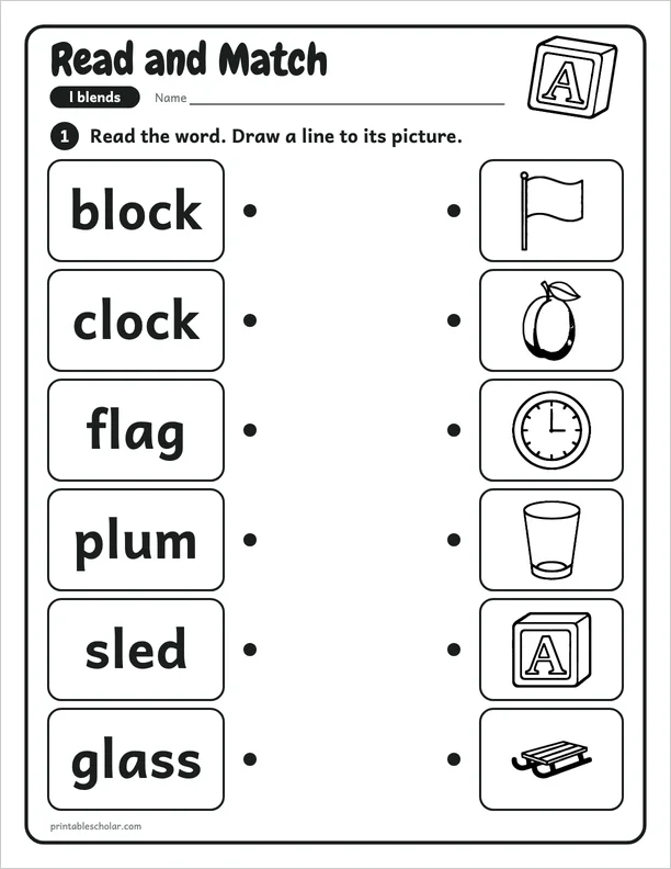 Read and Match: a l blend picture worksheet