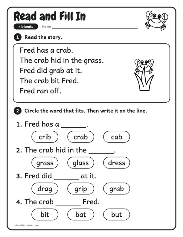 Read and Fill In: a r blend picture worksheet