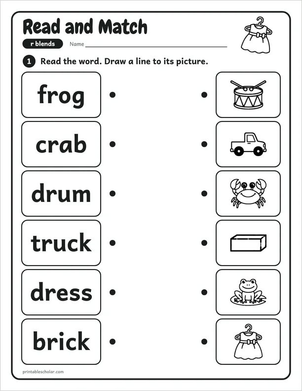 Read and Match: a r blend picture worksheet