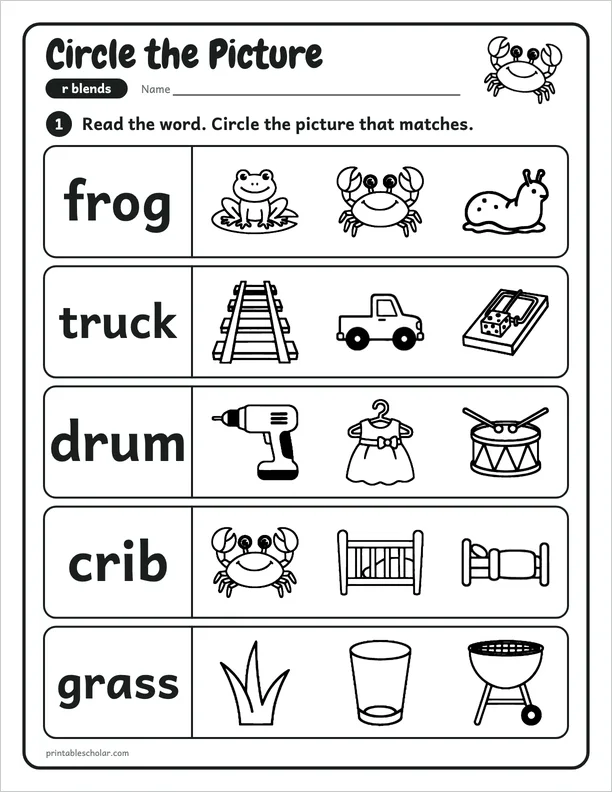 Circle the Picture: a r blend picture worksheet
