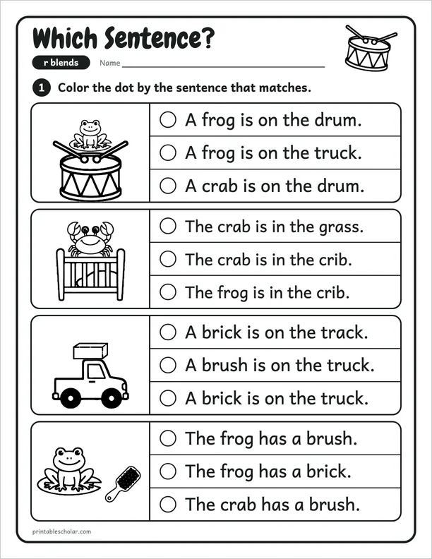 Which Sentence?: a r blend picture worksheet