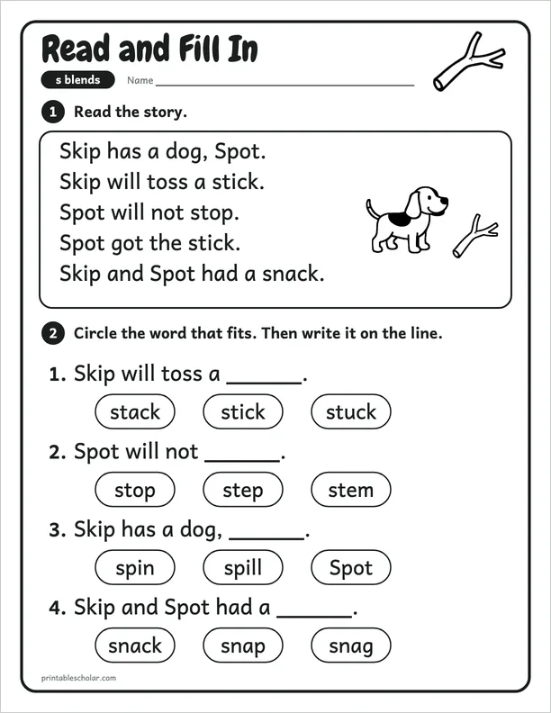 Read and Fill In: a s blend picture worksheet