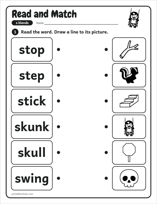 Read and Match: a s blend picture worksheet