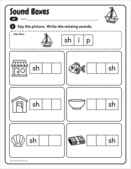 Sound Boxes worksheet from the Level 2 Word Work: Blends and Digraphs pack