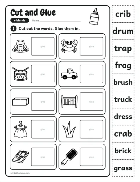 Cut and Glue worksheet from the Level 2 Word Work: Blends and Digraphs pack
