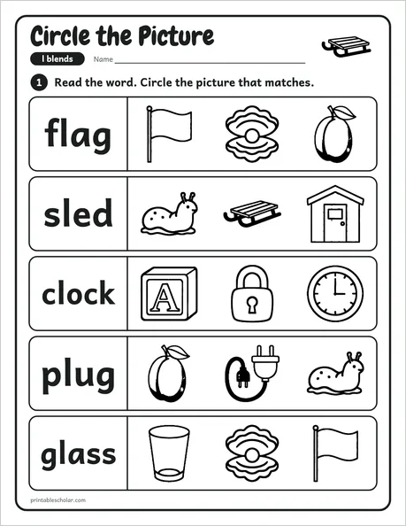 Circle the Picture worksheet from the Level 2 Word Work: Blends and Digraphs pack