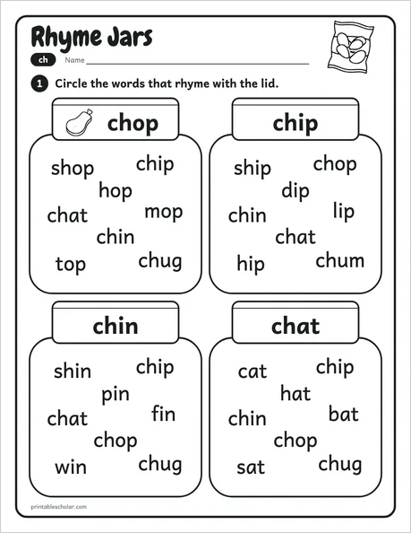 Rhyme Jars worksheet from the Level 2 Word Work: Blends and Digraphs pack