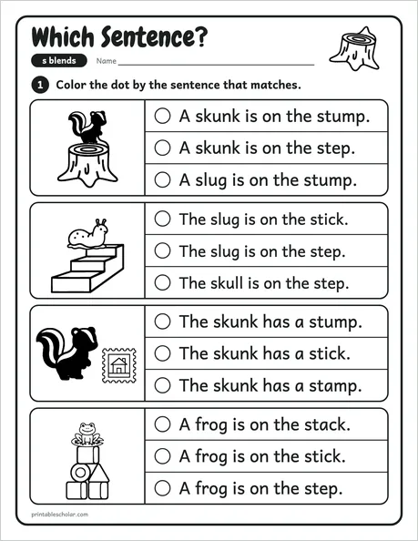 Which Sentence? worksheet from the Level 2 Word Work: Blends and Digraphs pack