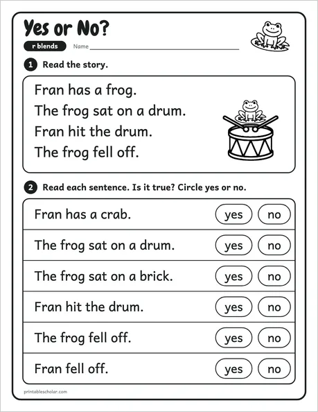 Yes or No? worksheet from the Level 2 Word Work: Blends and Digraphs pack