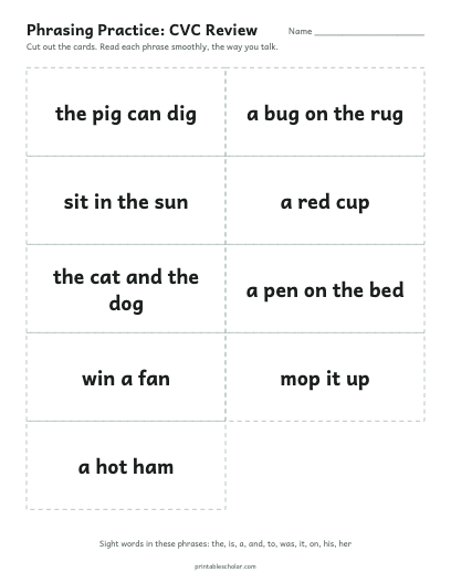 CVC Review phrasing cards printable preview