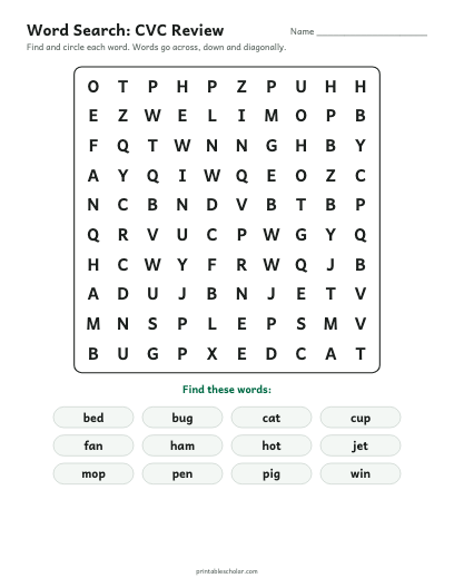 CVC Review word search printable preview