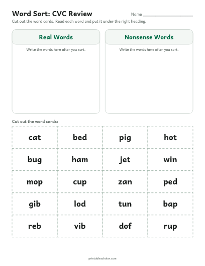 CVC Review word sort printable preview