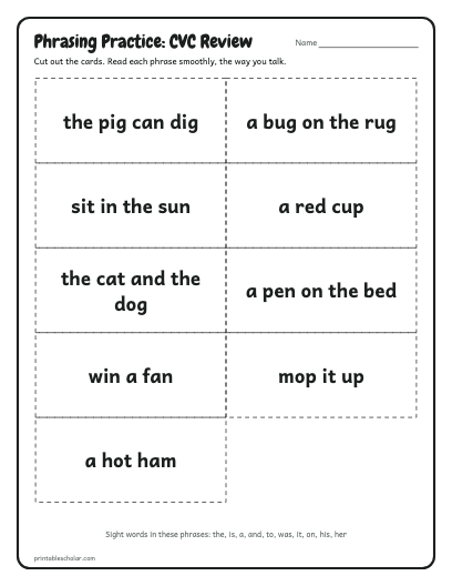 CVC Review phrasing cards printable preview