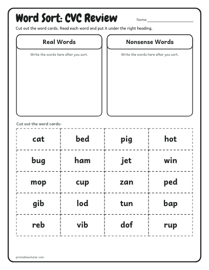 CVC Review word sort printable preview