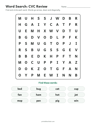 CVC Review word search printable preview