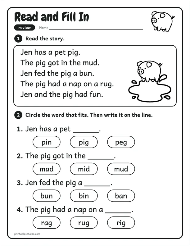 Read and Fill In: a mixed short vowel picture worksheet