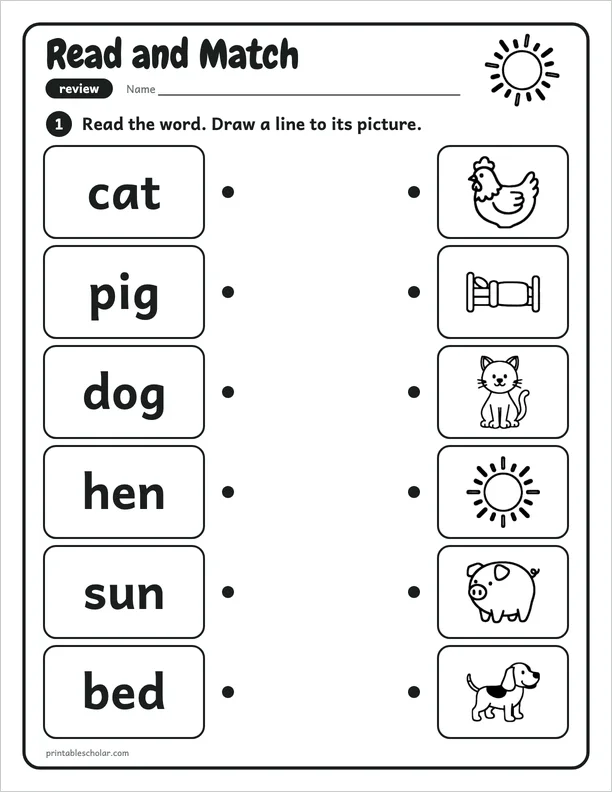 Read and Match: a mixed short vowel picture worksheet