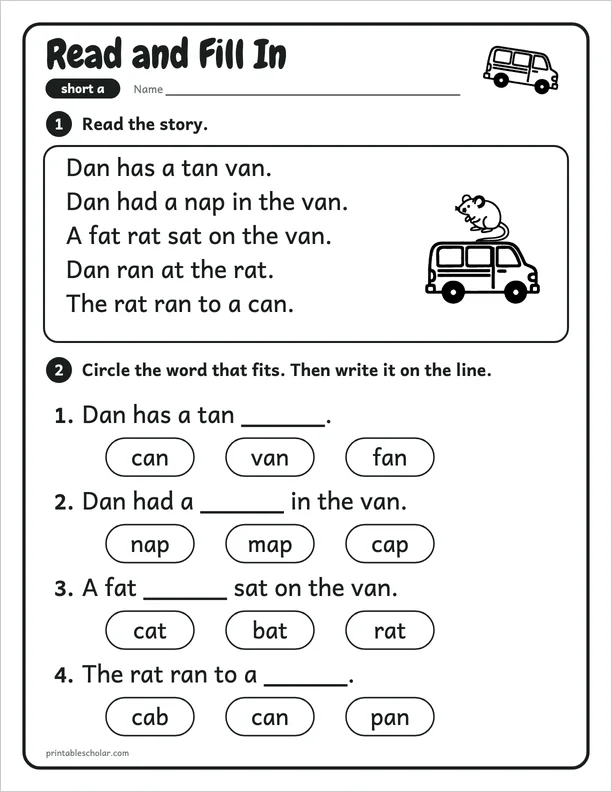 Read and Fill In: a free short a CVC worksheet