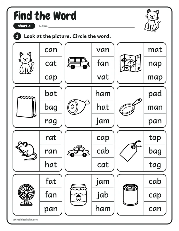 Find the Word: a free short a CVC worksheet