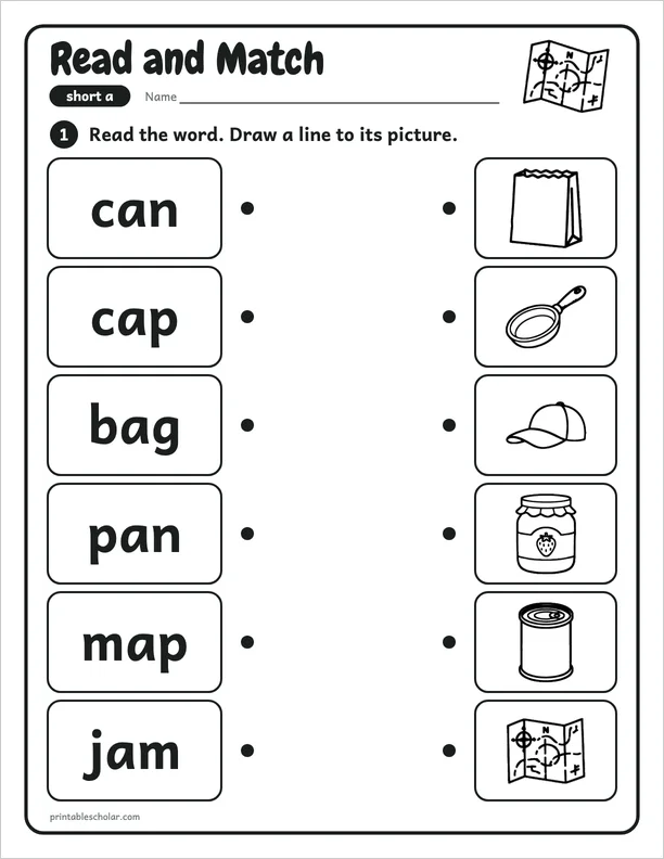 Read and Match: a free short a CVC worksheet