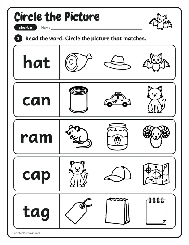 Circle the Picture: a free short a CVC worksheet