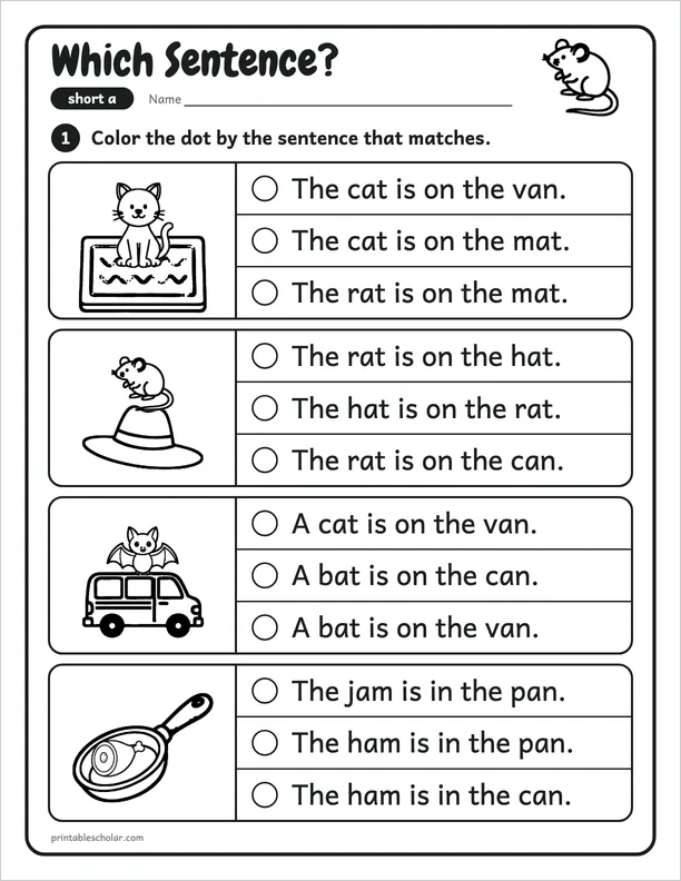 Which Sentence?: a free short a CVC worksheet
