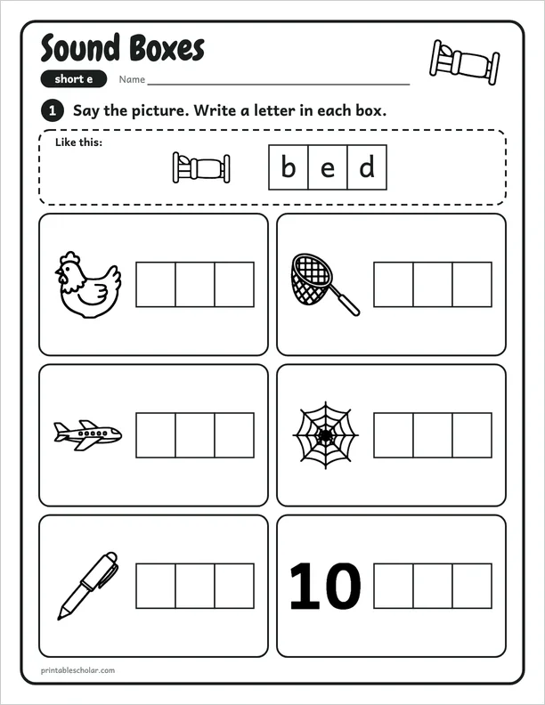 Sound Boxes: a short e picture worksheet