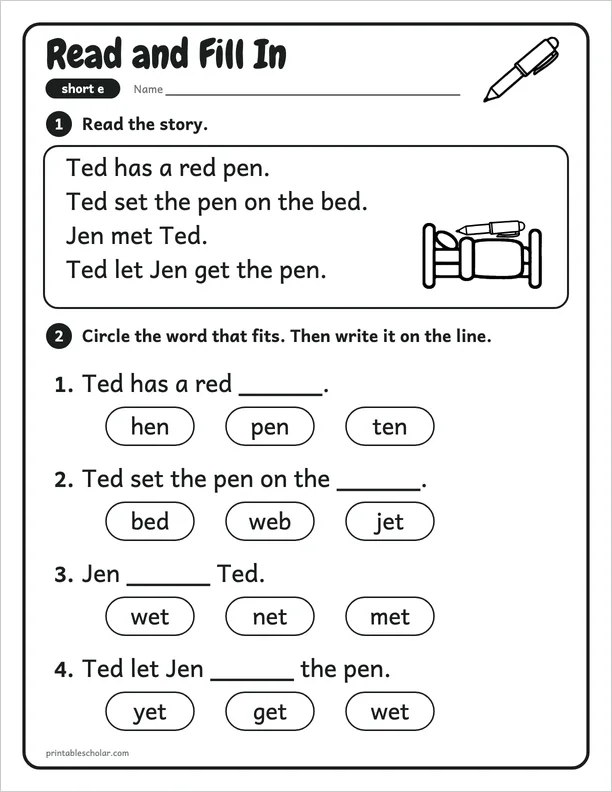 Read and Fill In: a short e picture worksheet