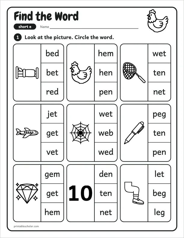 Find the Word: a short e picture worksheet