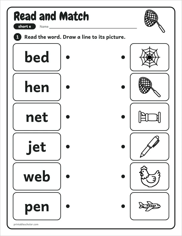 Read and Match: a short e picture worksheet