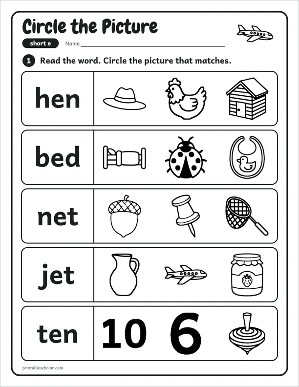 Circle the Picture: a short e picture worksheet