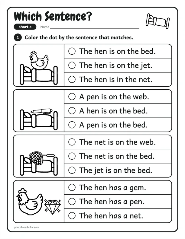 Which Sentence?: a short e picture worksheet