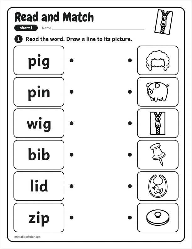 Read and Match: a short i picture worksheet