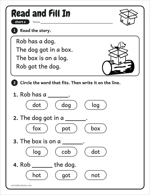 Read and Fill In: a short o picture worksheet