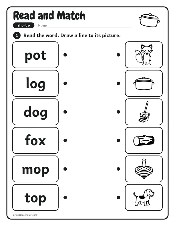 Read and Match: a short o picture worksheet