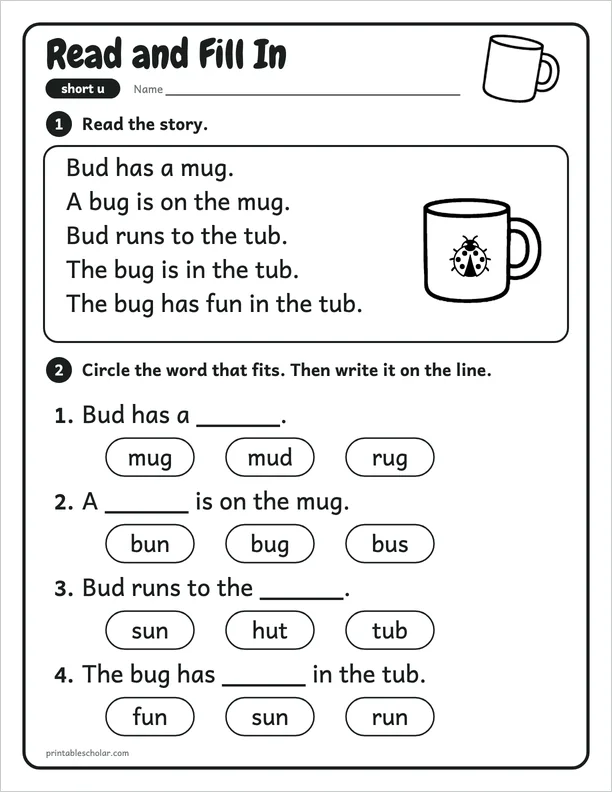Read and Fill In: a short u picture worksheet