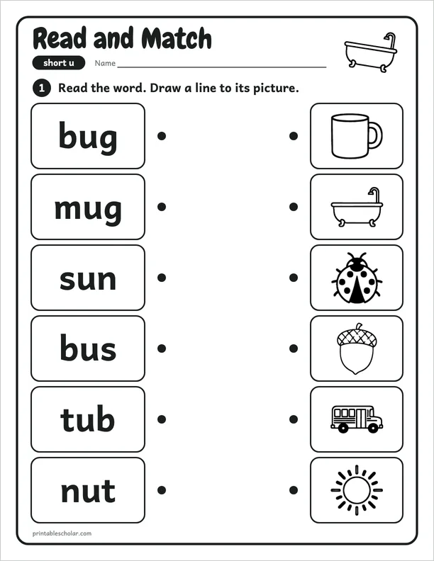 Read and Match: a short u picture worksheet