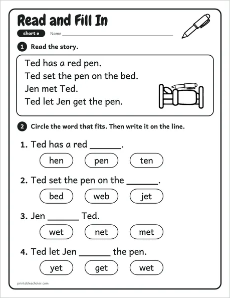 Read and Fill In worksheet from the Level 1 Word Work: CVC Words pack