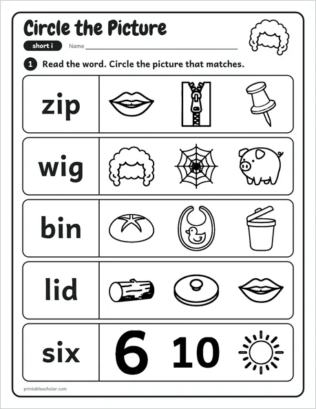 Circle the Picture worksheet from the Level 1 Word Work: CVC Words pack